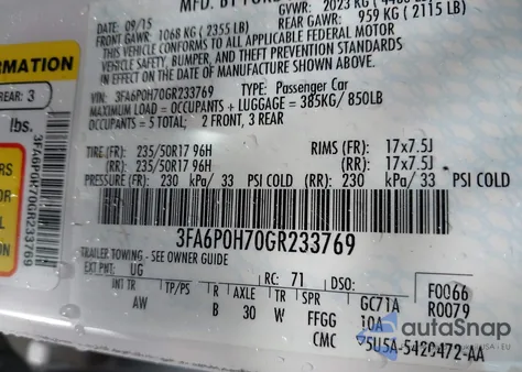 2016 Ford Fusion Se из США, поврежденный, VIN 3FA6P0H70GR233769